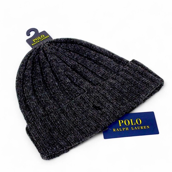 Polo Ralph Lauren Men's Wool Blend Ribbed Cuff Beanie Gray Black Pony Hat New - Picture 2 of 2